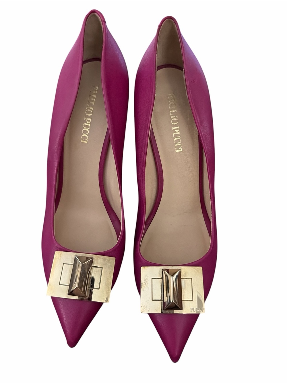 Emilio Pucci Magenta Pointed Toe Pumps with Gold Buckle